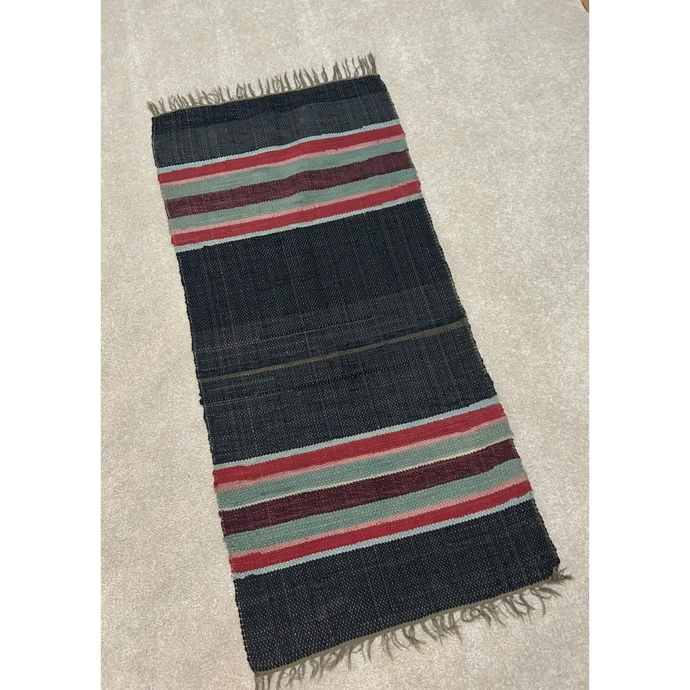 Vintage Rectangular Rug Black Green Red Frayed Edge 27 1/2" x 55"